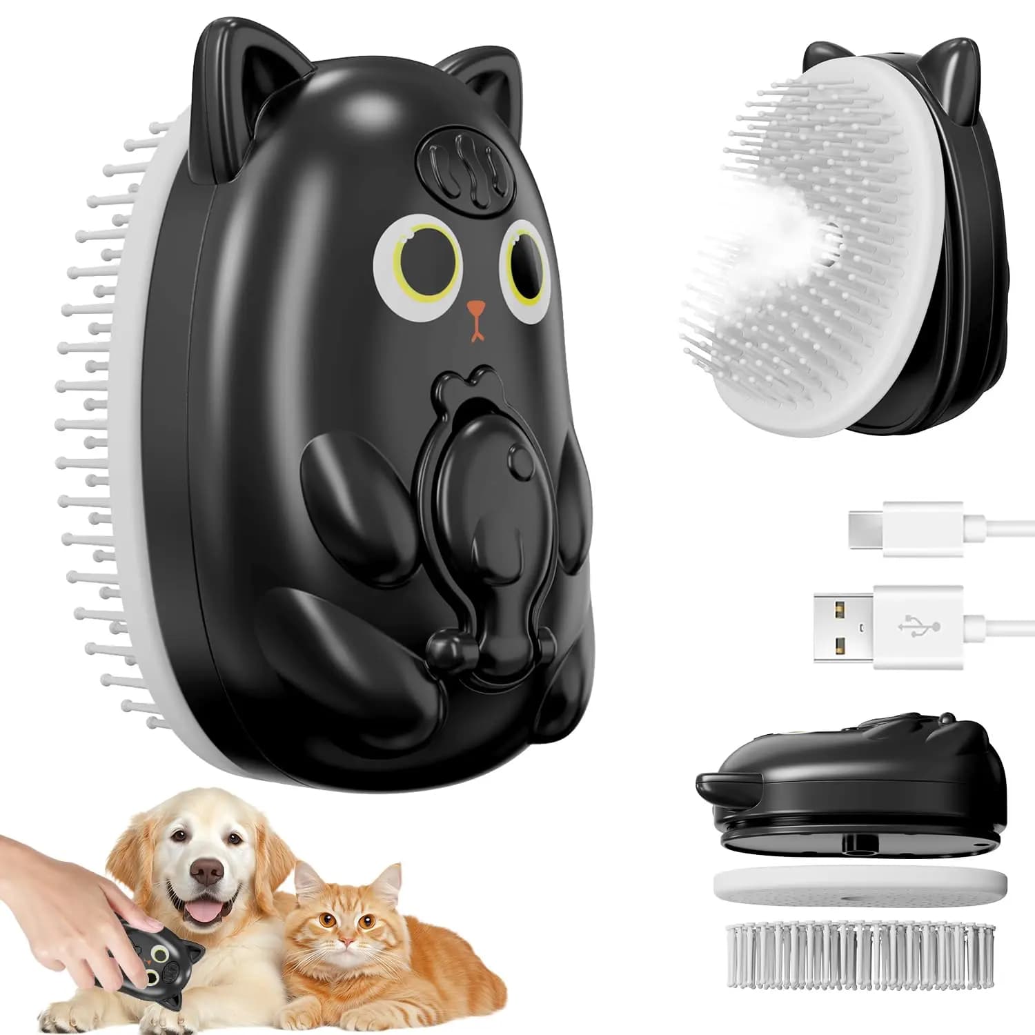 Spazzola a Vapore 3-in-1 per Animali Domestici, per la Rimozione del Pelo, Pettine per la Toelettatura di Cani e Gatti, per Pelo Lungo e Corto, Nera