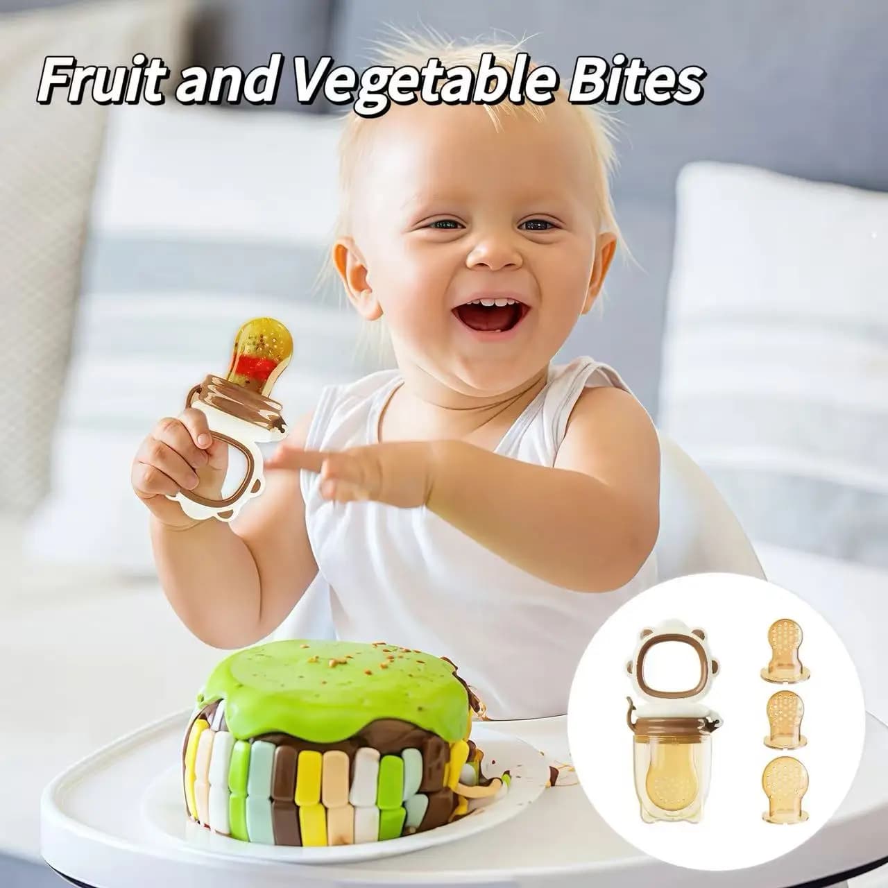 Un set completo, composto da un massaggiagengive per frutta e verdura per neonati, include 1 manico e 3 sacchetti a rete di diverse dimensioni, realizzati in morbido silicone che non danneggia le gengive del bambino, lo strumento perfetto per l'alimentazione del neonato.