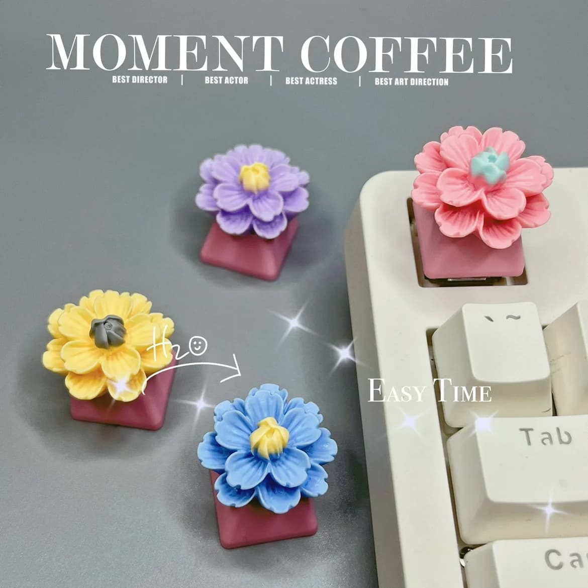 Keycaps Personalizzati con Fiori Rosa, Regalo Artigianale Personalizzato, Keycaps Speciali per Tastiera Meccanica da Gioco, Keycaps con Fiori Gialli