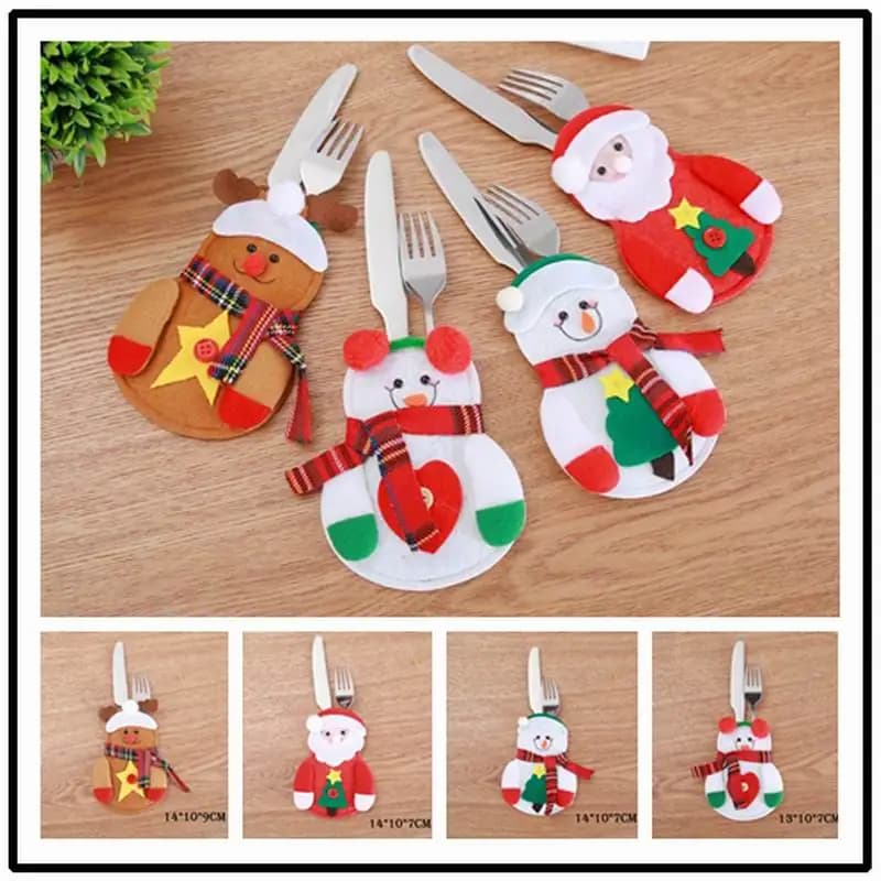 4/8pcs Christmas Cutlery Cover Bag Cloth Santa Claus Snowman Elk Shaped Cute For Kitchen Tableware Knife Fork Xams Party Decor