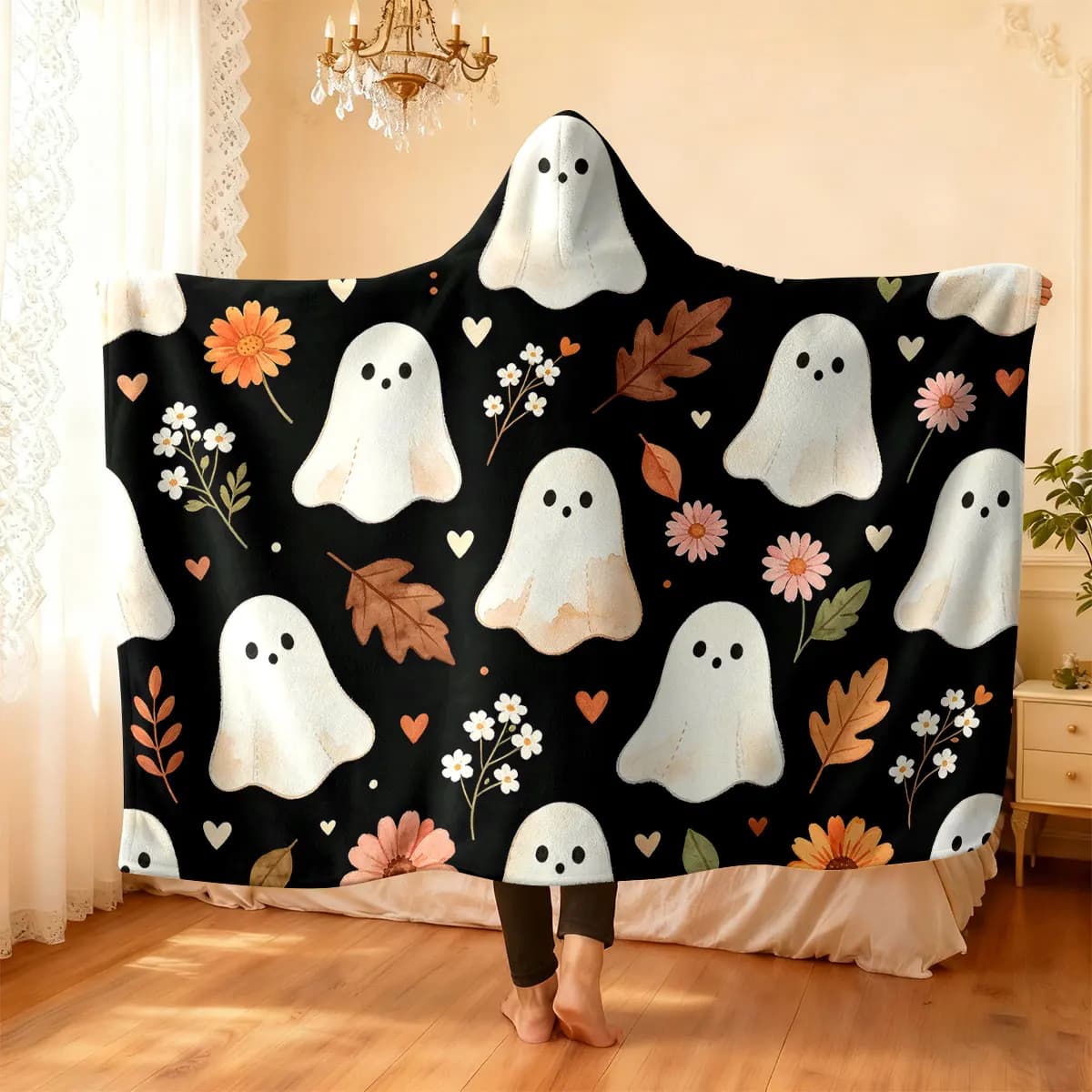 1pc autumn ghost floral print hooded blanket flannel hoodie, wearable cape blanket, soft and casual blanket