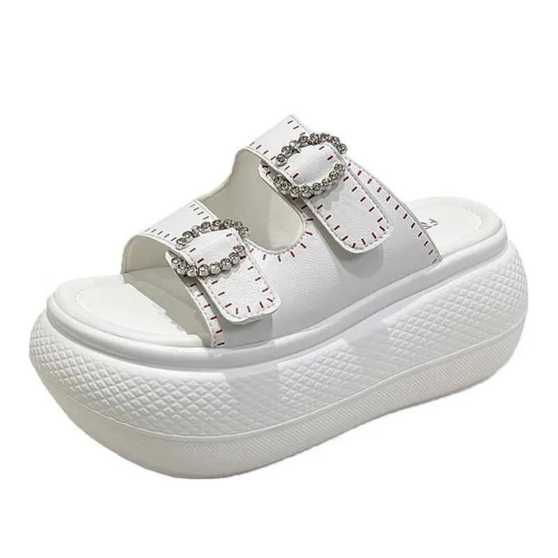 New 8cm Platform Slippers Women 2026 Summer Leather Sandals Casual Beach Shoes Square Buckle Rhinestone Double Strap Flip Flops