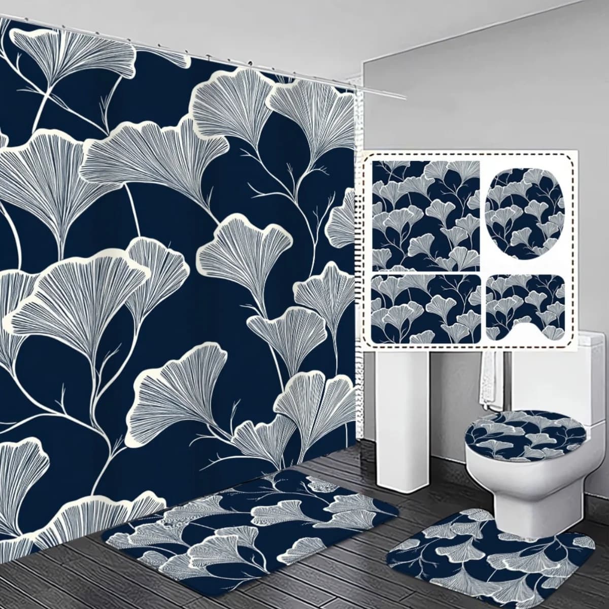 4 pezzi elegante tenda da doccia con stampa di foglie di Gingko blu navy e set di tappetini da bagno assorbenti antiscivolo - Bagno classico e senza tempo