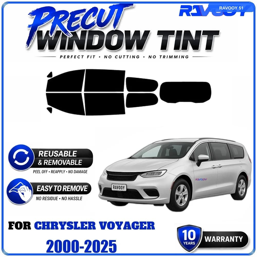 RAVOOY Precut Window Tint, Reusable Removable EPU Film, Custom Fit for Chrysler Voyager 2000-2025, UV Heat Protection