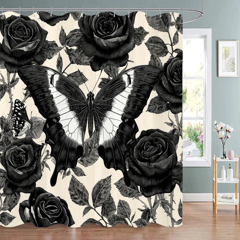 Black and white Floral Printing Shower Curtain, Bathroom Decorative Shower Curtain, Waterproof Shower Curtain with Hooks