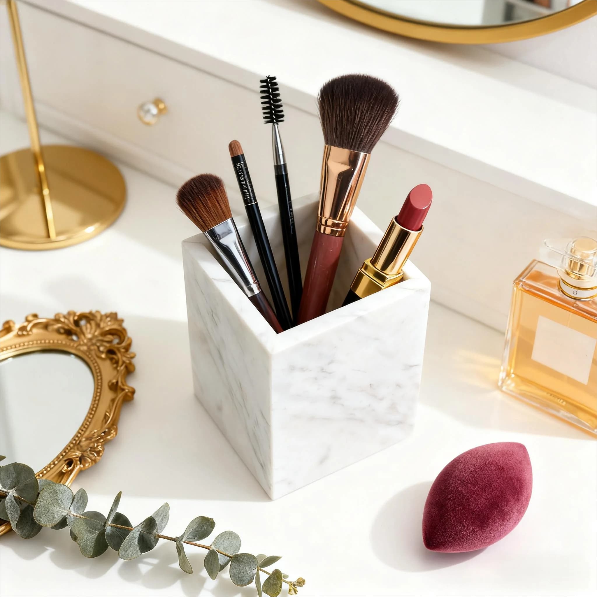 Portapenne in marmo bianco naturale, organizer da bagno, portaoggetti per forniture per ufficio, cancelleria da tavolo, porta pennelli per trucco