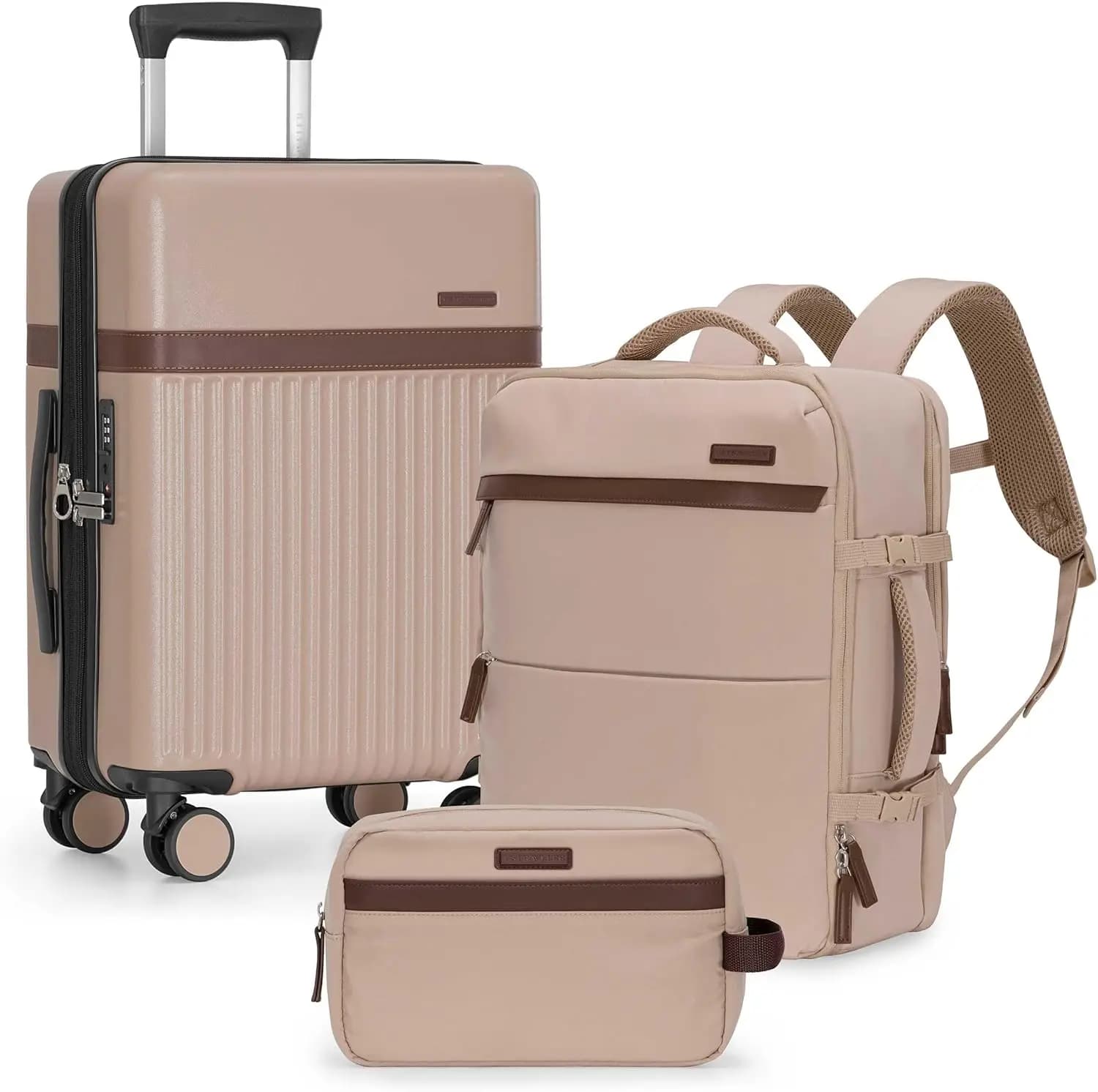Set da Viaggio 3 Pezzi: Valigia Rigida da 21 Pollici con Serratura TSA, Zaino da 18 Pollici con Tasca per Laptop, Borsa per Toilette, Beige