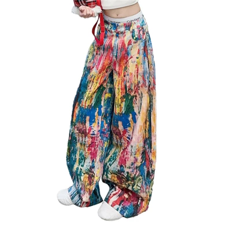 Jeans da pittura a olio per ragazza alla moda per bambini con stampe colorate Pantaloni in denim Y2k da strada europea americana Pantaloni jeans hip-hop per bambini