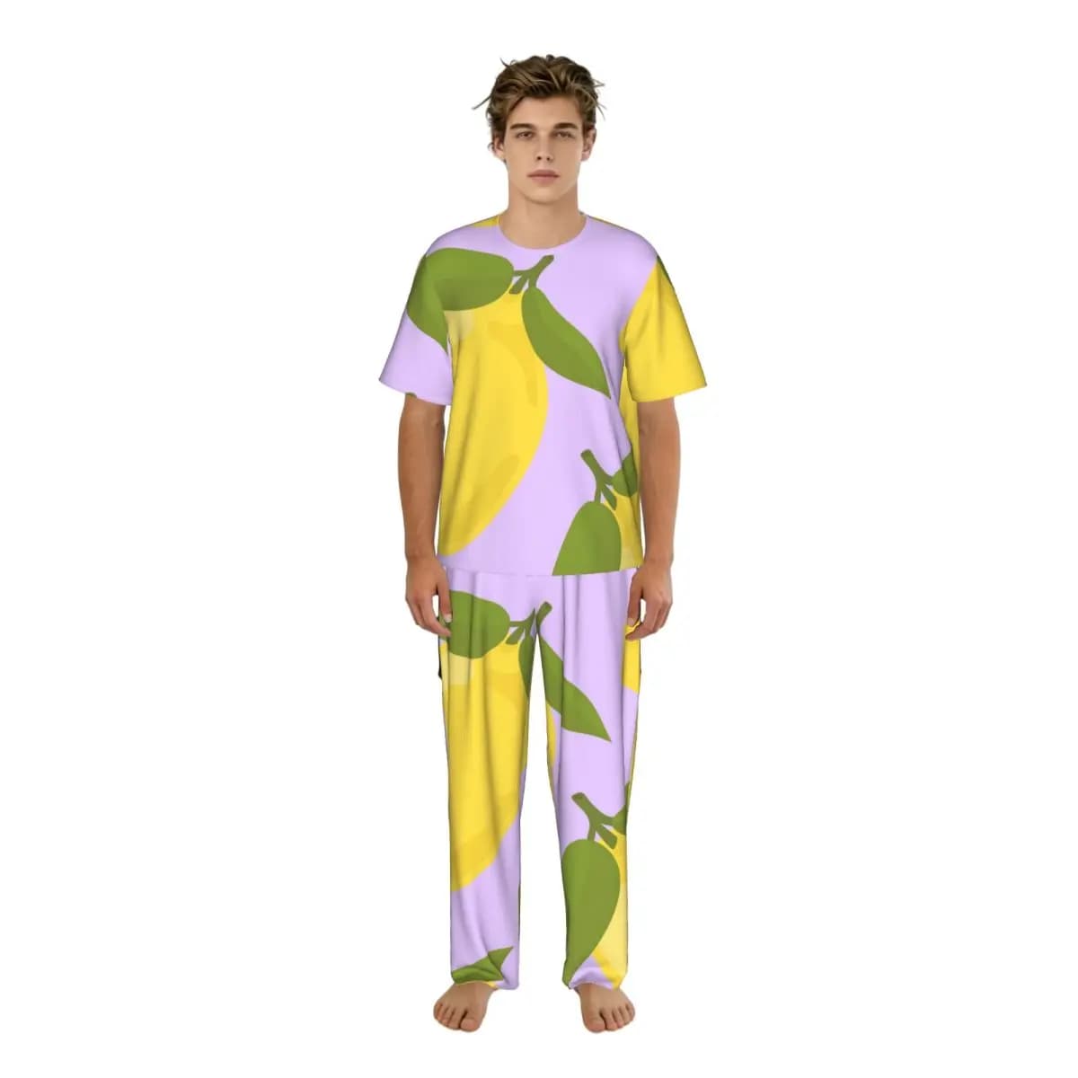 Men's pyjamas with hand drawn lemons, short sleeves, spring summer, men's nightwear