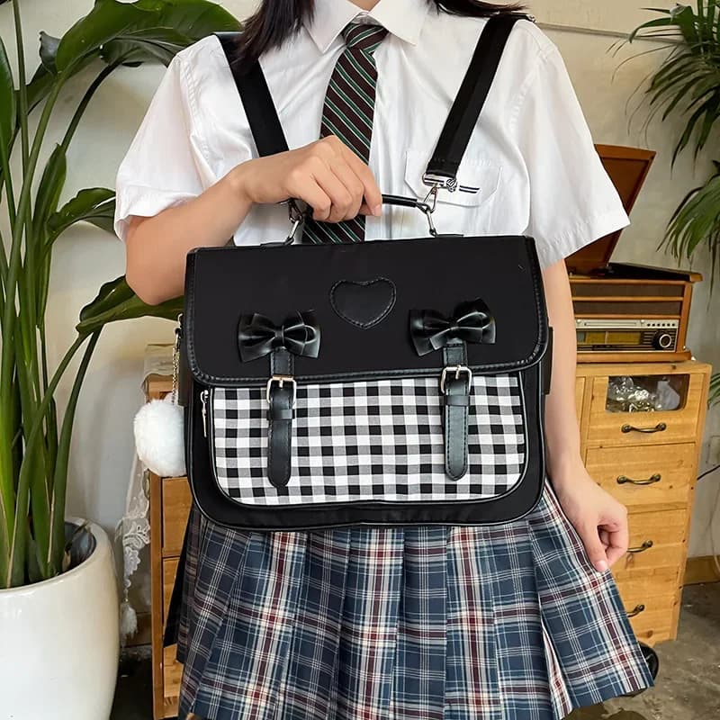 Student Backpack Japanese Lolita Style Jk Checkerboard Pattern Causal Hand-Held Shoulder Cross Backpack