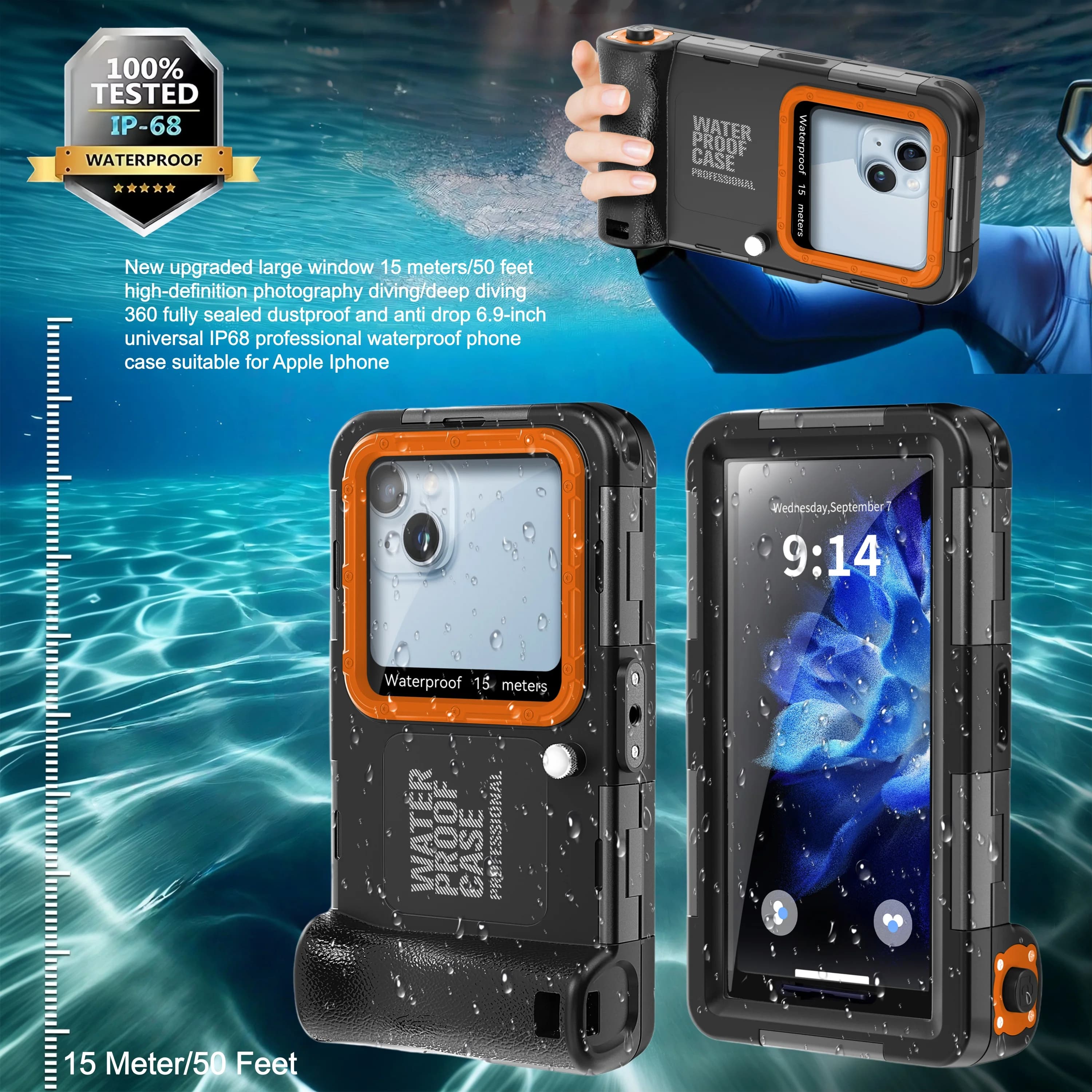 15M/50Ft Professional Waterproof Phone Case for Snorkeling and Swimming, Compatible with iPhone 17 Pro Max 16 Plus 15 14 13 12 11 Air 16E 17E
