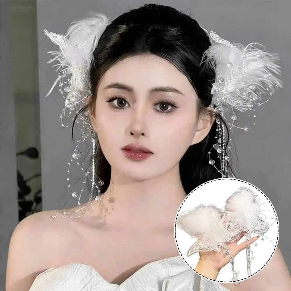 1 Pair White Butterfly Tassel Hair Clips Butterfly Butterfly Tassel Crystal Beads String Hair Clips Crystal Beads Tassel