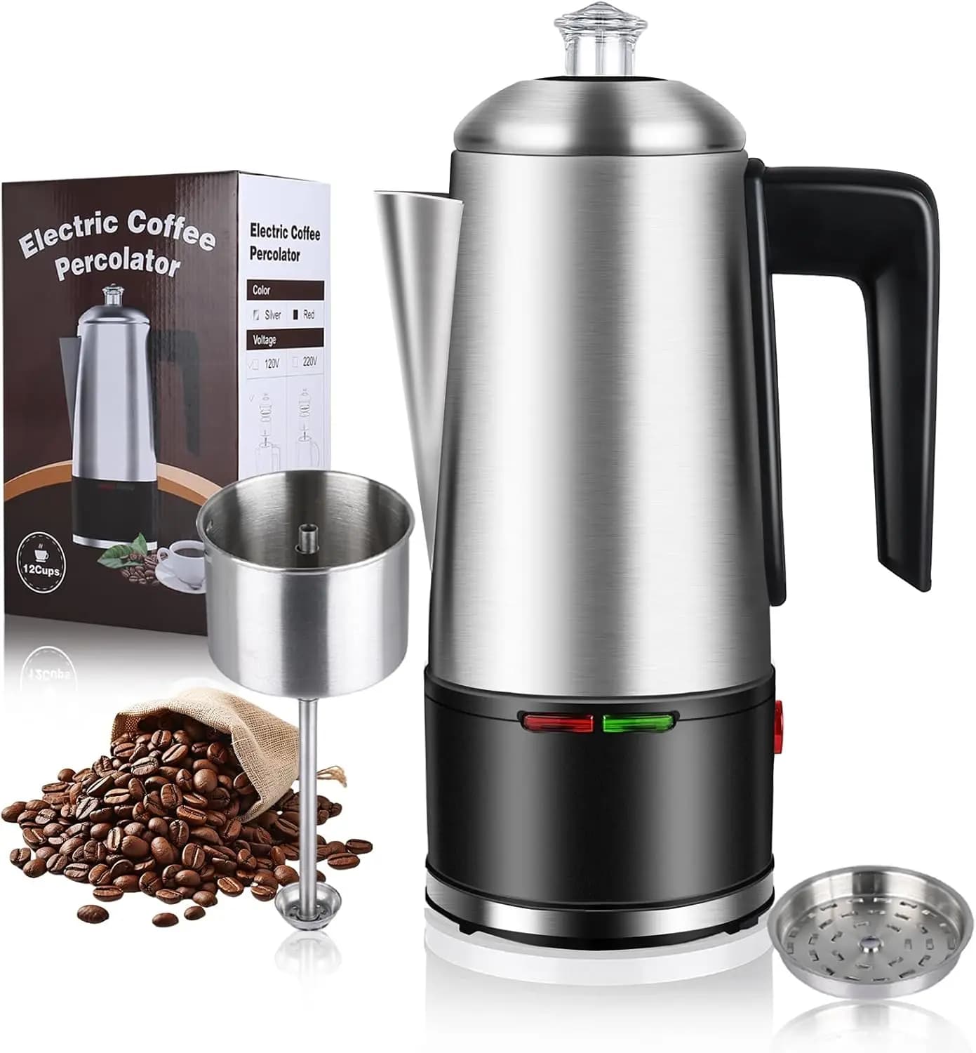 Caffettiera percolatrice da 12 tazze, 800W in acciaio inossidabile con manico anti-calore e funzione mantenimento calore automatico