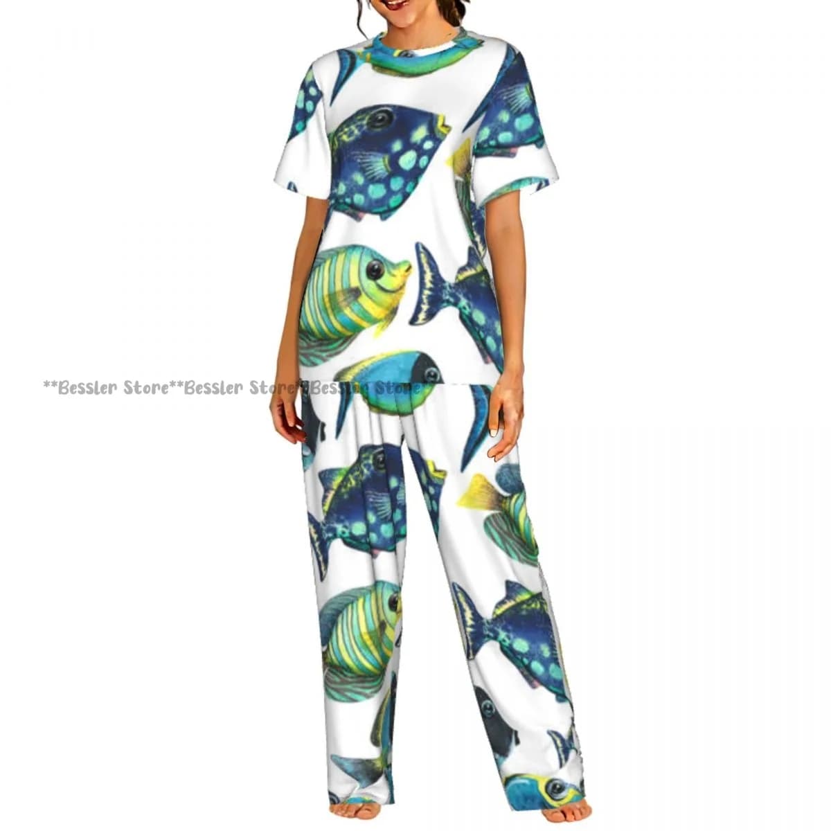 Pigiama Comodo da Donna con Stampa di Pesci Tropicali - Set a Maniche Corte con Motivo Acquerello