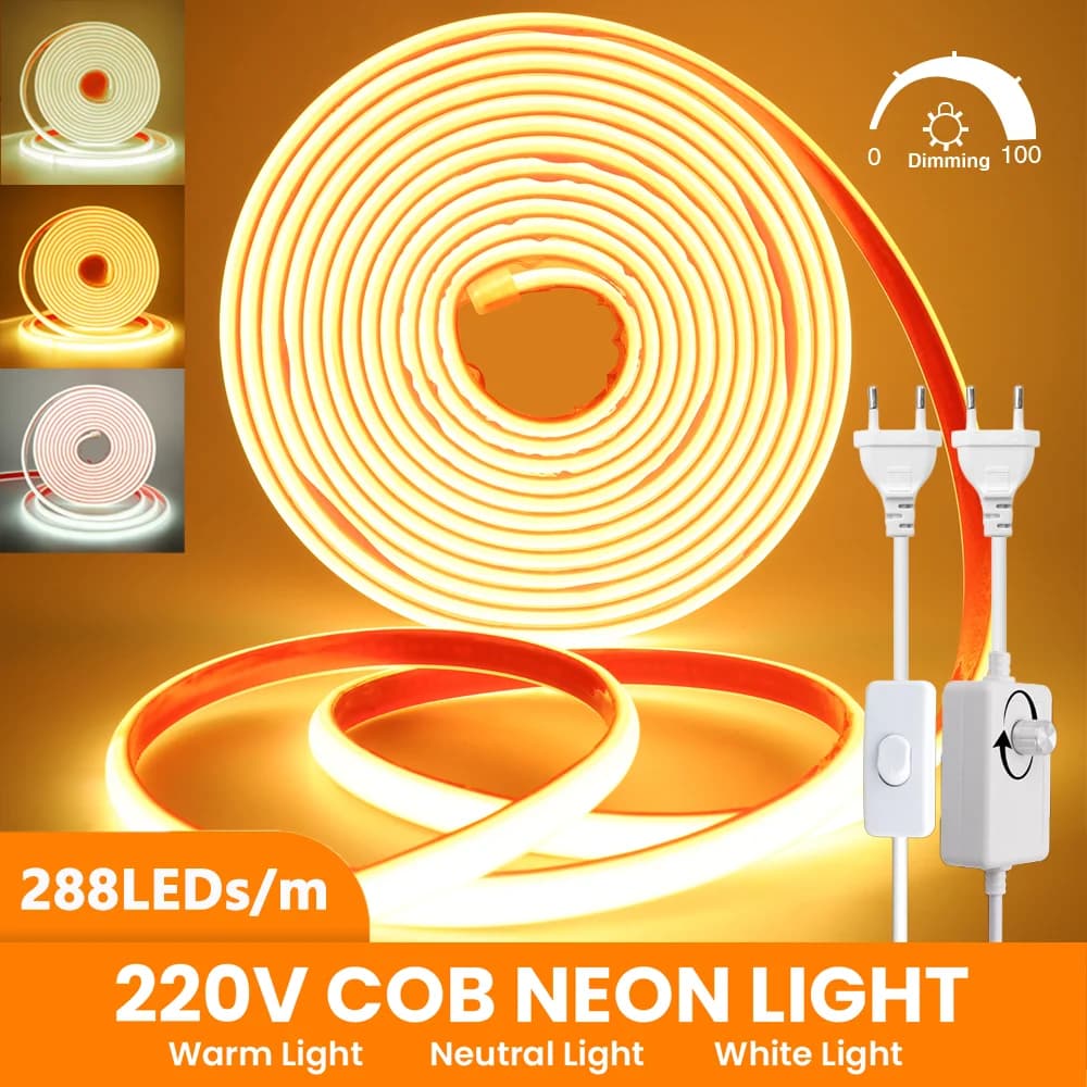 Striscia LED al neon COB dimmerabile ad alta luminosità 288 LED / M Nastro adesivo IP67 Nastro flessibile con interruttore / Dimmer Spina UE Decorazioni per la casa