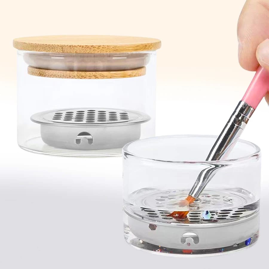 LINMADA 1/2 Pieces Glass Container for Cleaning Nail Brushes with Wood Cover and Stainless Steel Filter