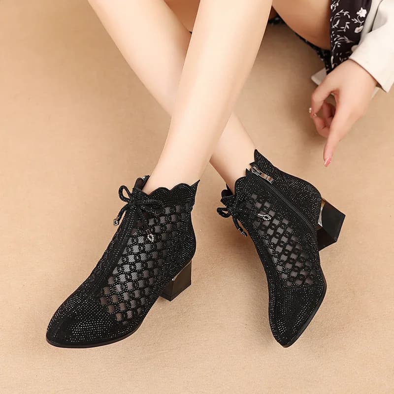 Primavera estate tacchi alti di lusso moda strass sandali in vera pelle tacchi spessi stivali a rete scarpe da donna vuote 34-43