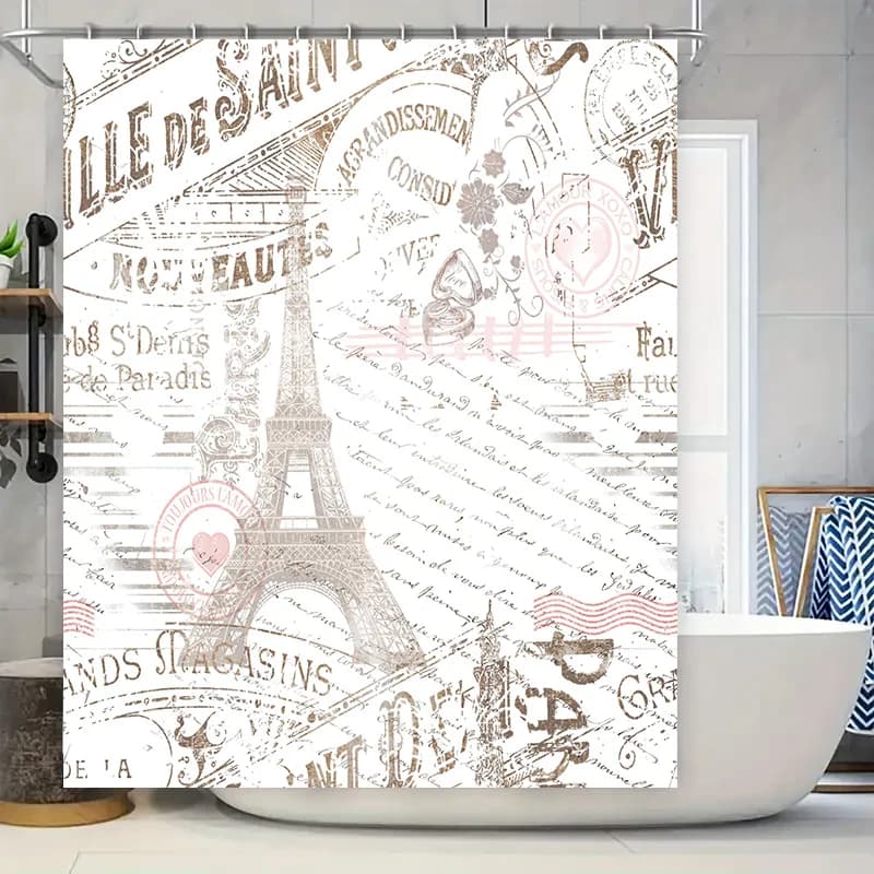 Retro Eiffel Tower Print Shower Curtain for Bathroom Decor White Brown Tones Waterproof Fabric with Grommets Set