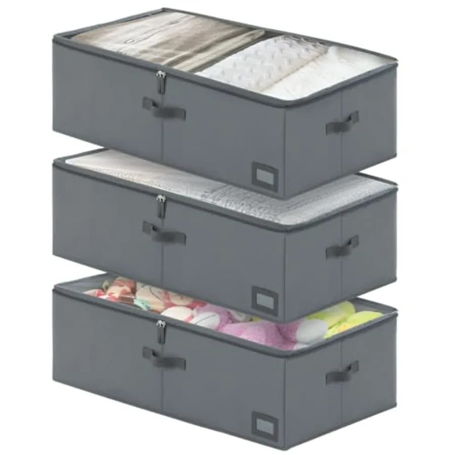 Contenitori Salvaspazio Sottoletto da 10 Pollici, Confezione da 3, con Pareti Robuste, Coperchio Trasparente e Porta Etichette, Organizer Pieghevole per Armadio