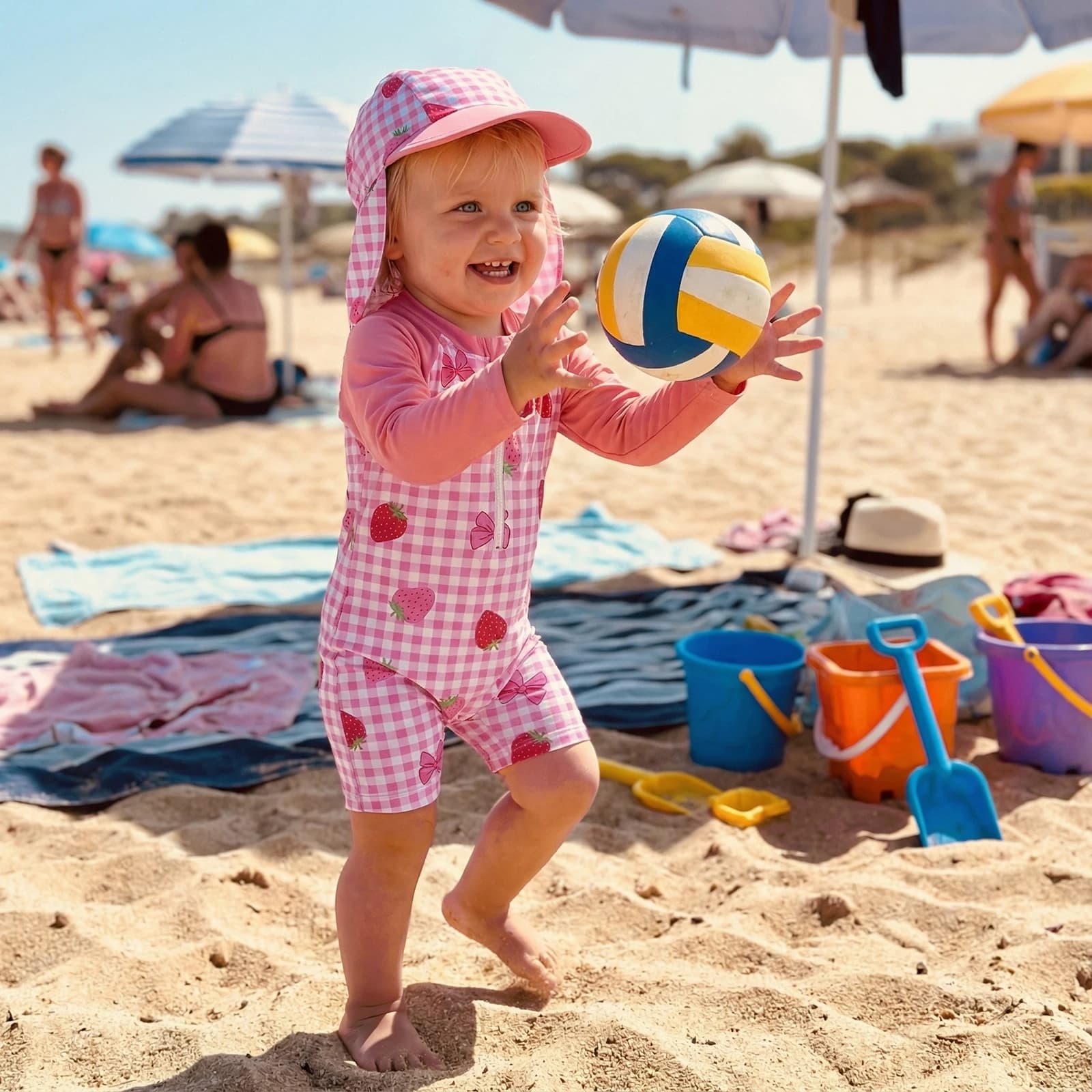 Costume da bagno Tregren per bambina con protezione solare, stampa fragole/fiocco/ciliegie, maniche lunghe, cerniera frontale, con cappello