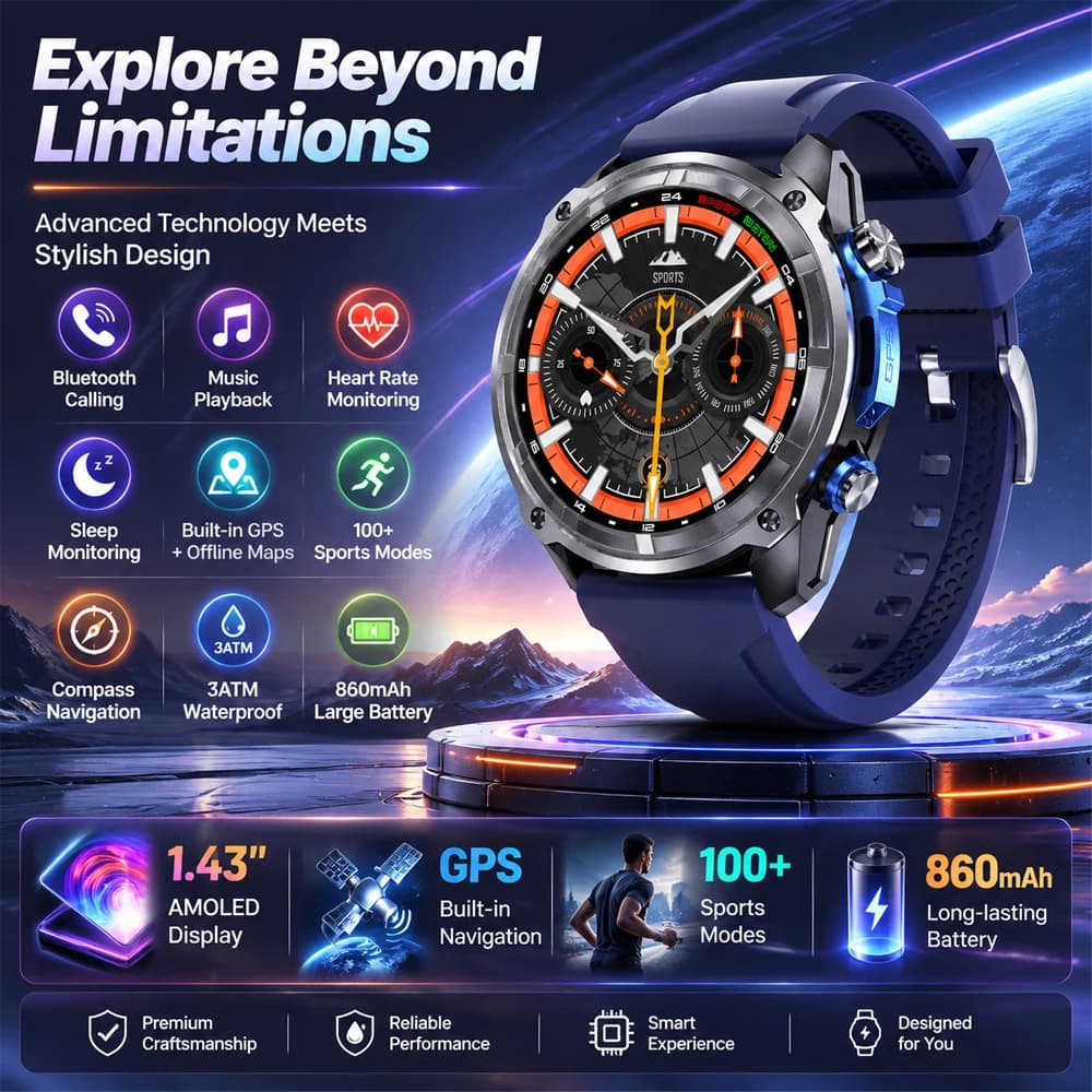 2026New Men GPS Offline Map Military Smart Watch 860mAh Battery 1.43 AMOLED HD Display 3ATM Waterproof Outdoors Military Watches