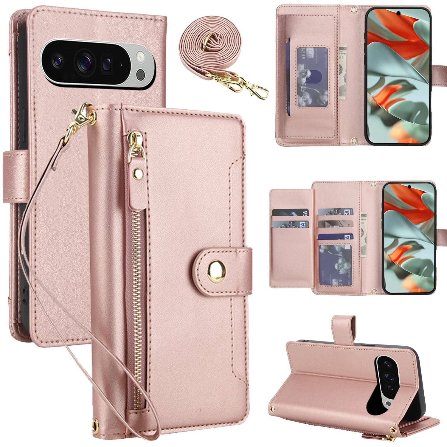 Leather wallet case with shoulder zipper for Google Pixel 10/10 Pro 8 8Pro 9A 9 Luxury RFID Case with long cord book support