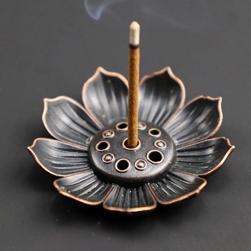 【F】1PC Bruciatore di incenso in lega con supporto per bastoncini, Censiere a loto buddista in bronzo, Bruciatore di incenso a forma di nasturtium