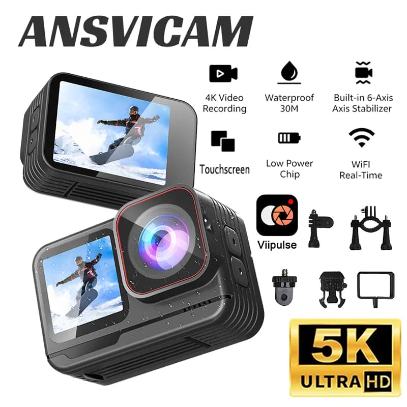 ANSVICAM 5K Action Camera 4K30FPS Touchscreen Recording BodyCam 30M Waterproof 6 Axis EIS Sport Camera Motorcycle Helmet Vlog
