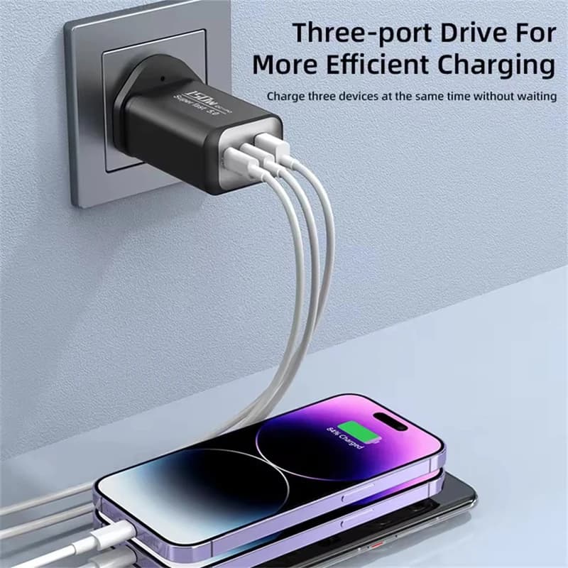 150W 3-Port Fast Charging PD QC3.0 Wall Charger USB-C Adapter For iPhone Samsung Xiaomi Multi Plug EU/US/UK Travel Charger