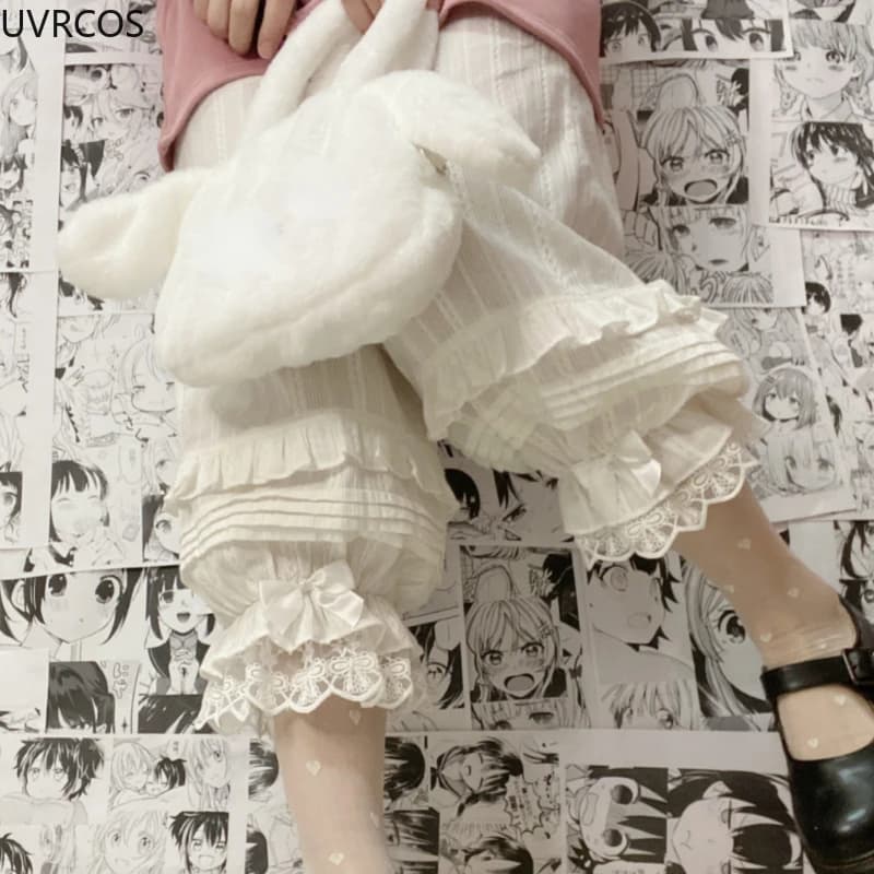 Pantaloni Lolita in cotone dolce stile giapponese Pantaloni larghi patchwork in pizzo con fiocco Kawaii da donna Pantaloni carini in vita elastica per ragazze