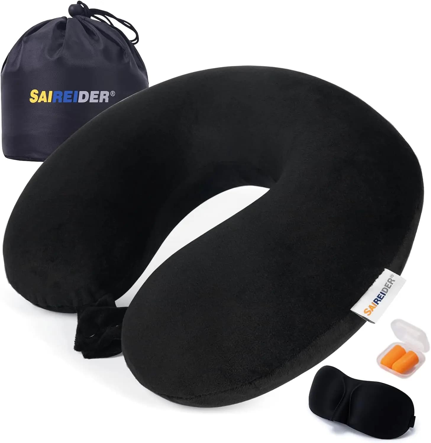 Memory Foam Travel Cushion with Adjustable Support, Storage Bag, Sleeping Mask and Ear Pads - Black
