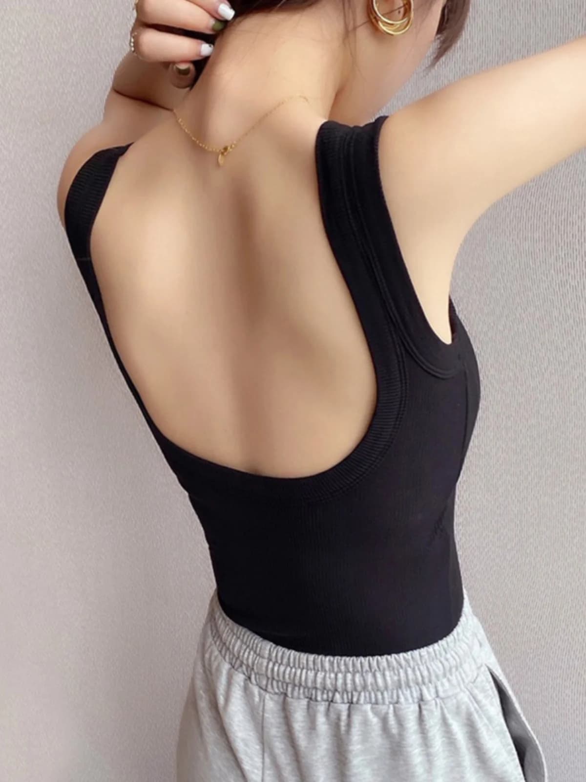 Fitness Yoga Vest Women's Sports Bra Top Black Large Chest One-Piece Backless Tank Top Inner/Outer Wear U-Neck Short Style