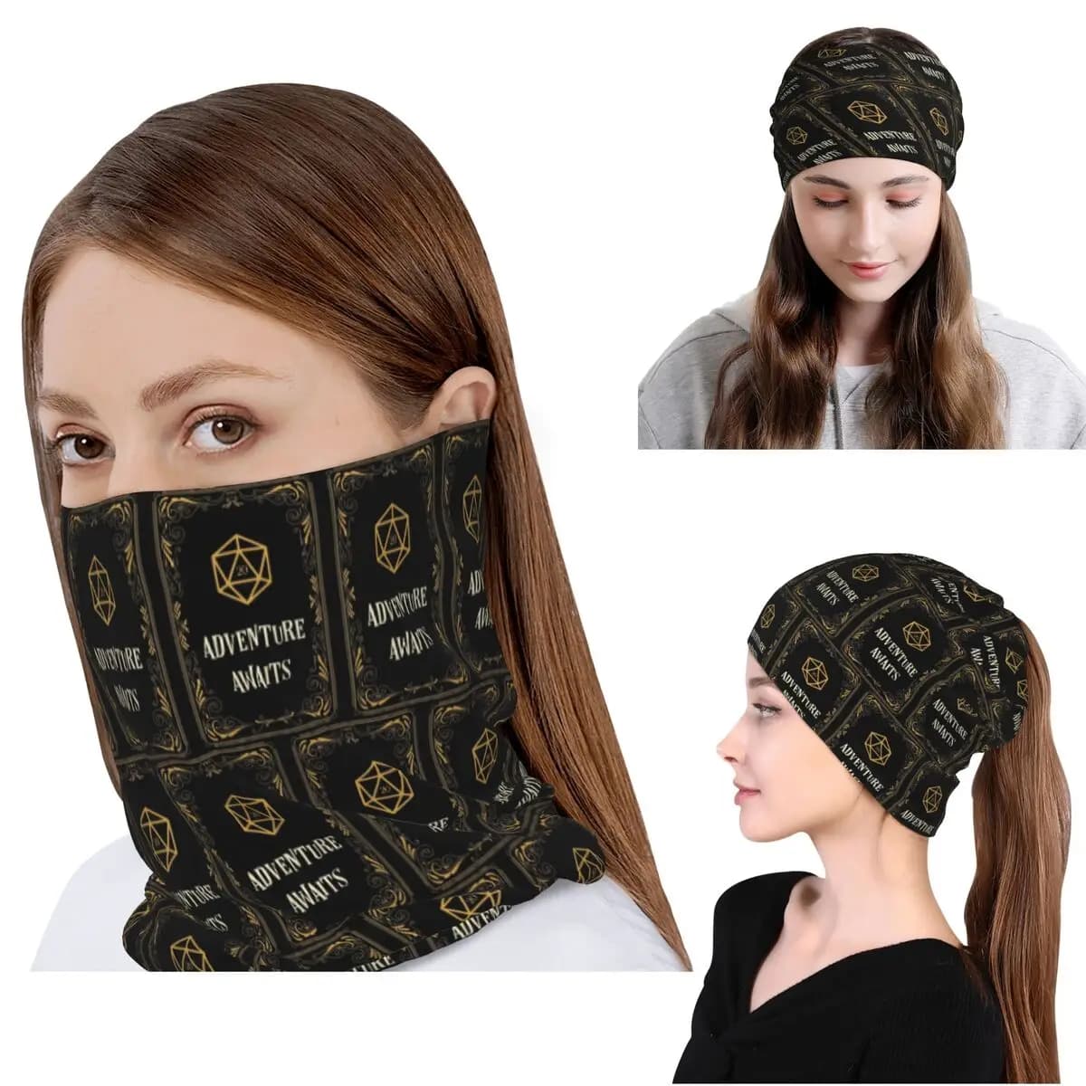 Adventure Awaits D20 Dice Tabletop RPG Bandana Neck Cover Mask Scarf Multi-use Face Mask Beanies Hat Men Women Adult Breathable