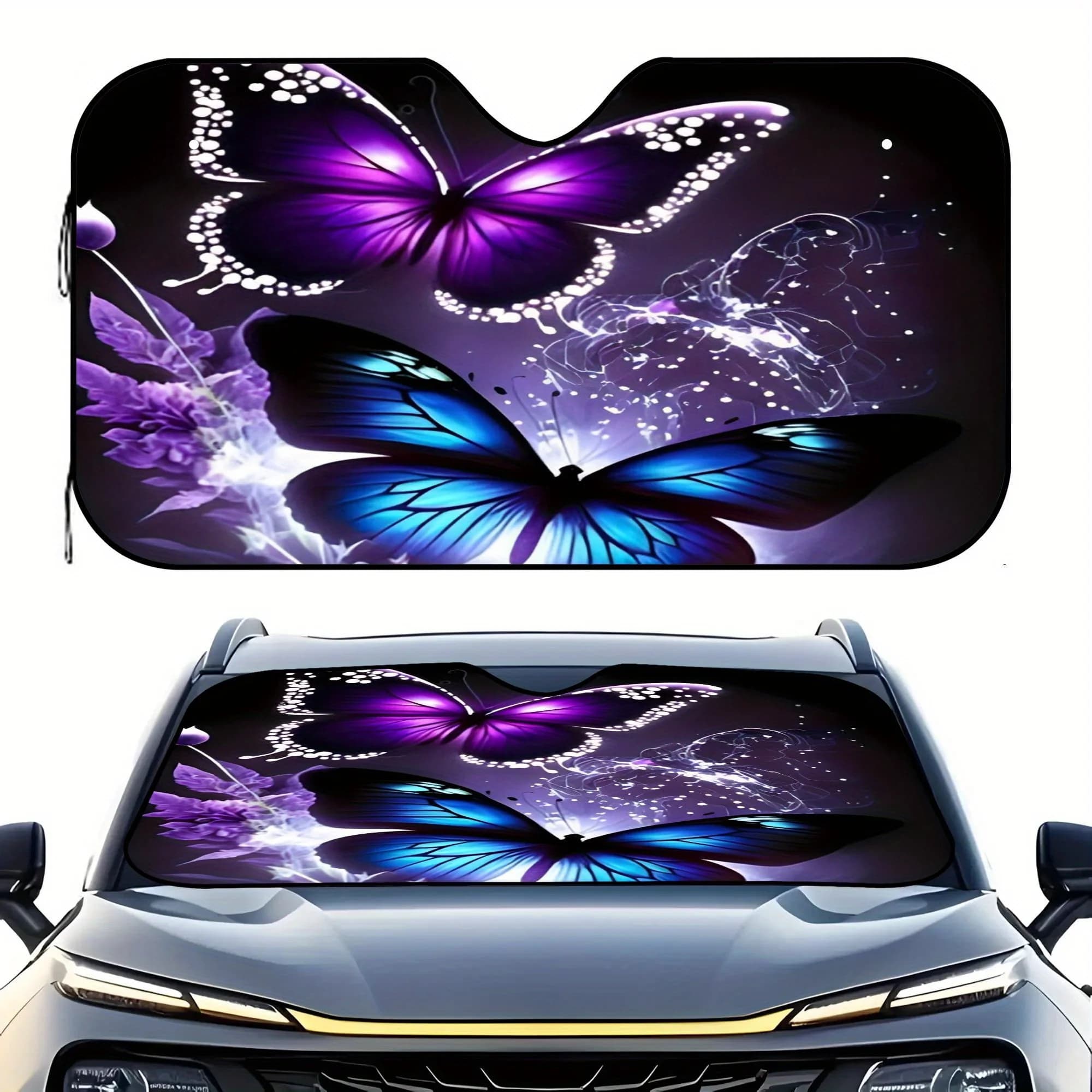 1 pezzo di copertura per parabrezza per parasole per auto con design a farfalle blu viola - Protezione UV termoisolante, copertura per parabrezza per