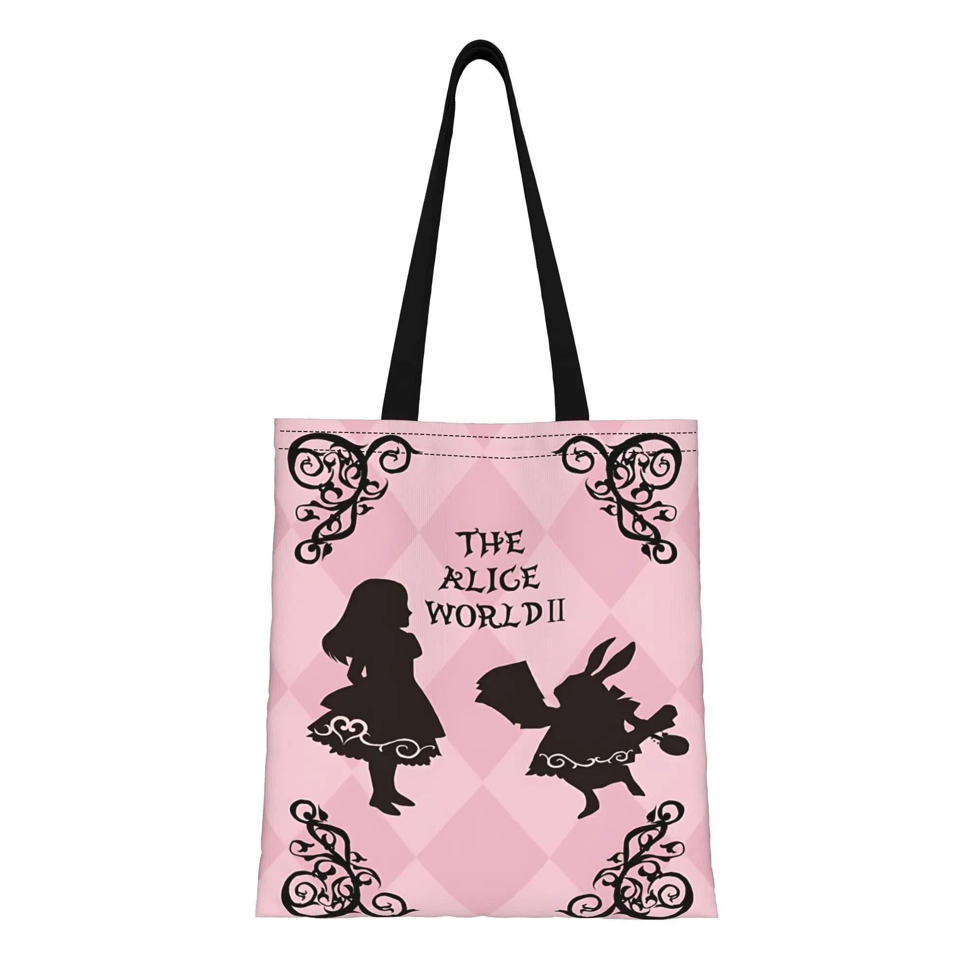 1PC Borsa tote in tela riutilizzabile a doppio lato con motivo fiabesco Disney per San Valentino, borsa a tracolla in stile Alice nel Paese delle Meraviglie rosa