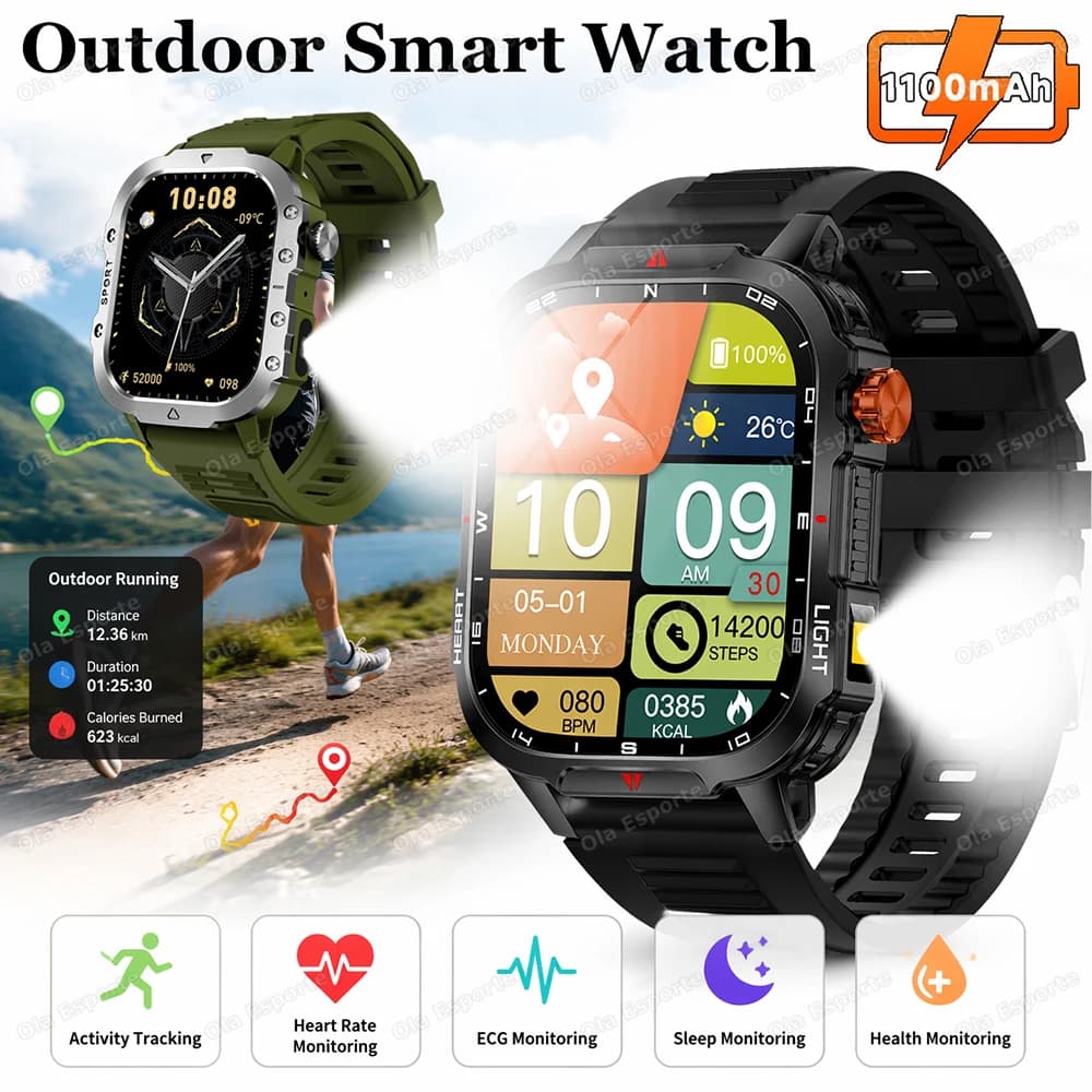 Military Outdoor Smart Watch Men’s GPS Tracking Flashlight BT Call AMOLED Screen 5ATM Waterproof Sports Compass Smartwatch HW12
