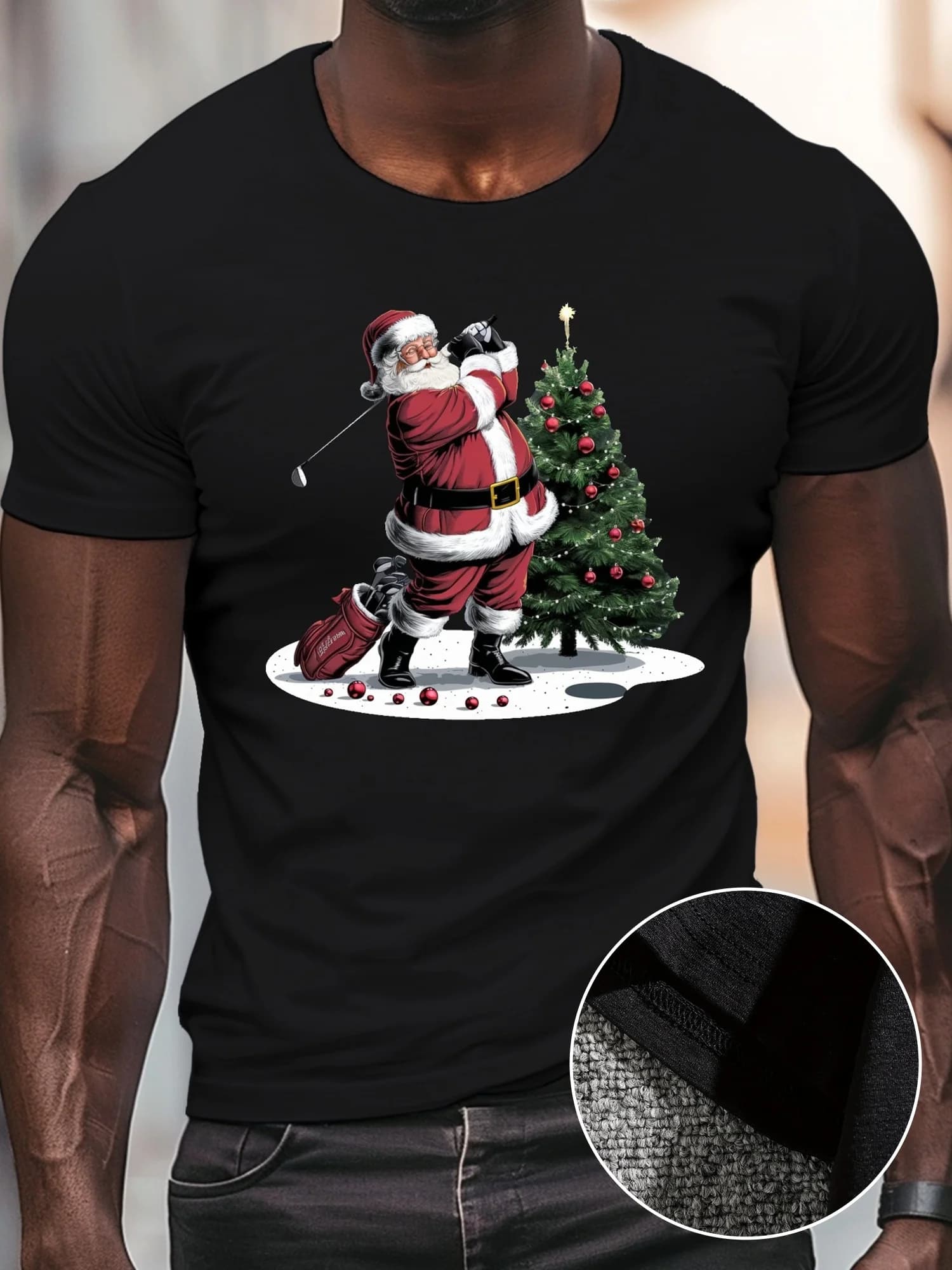 T-shirt grafica da golf da uomo con Babbo Natale - Girocollo casual a maniche corte, camicia estiva leggera in poliestere, lavabile in lavatrice