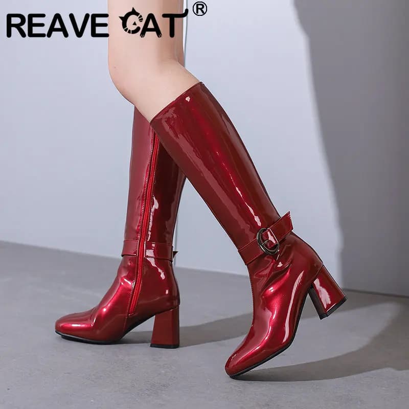 REAVE CAT Concsie Women's High Knee Boots High heels with round tip 6.5 cm Patent leather shoes size 47 48 Bota