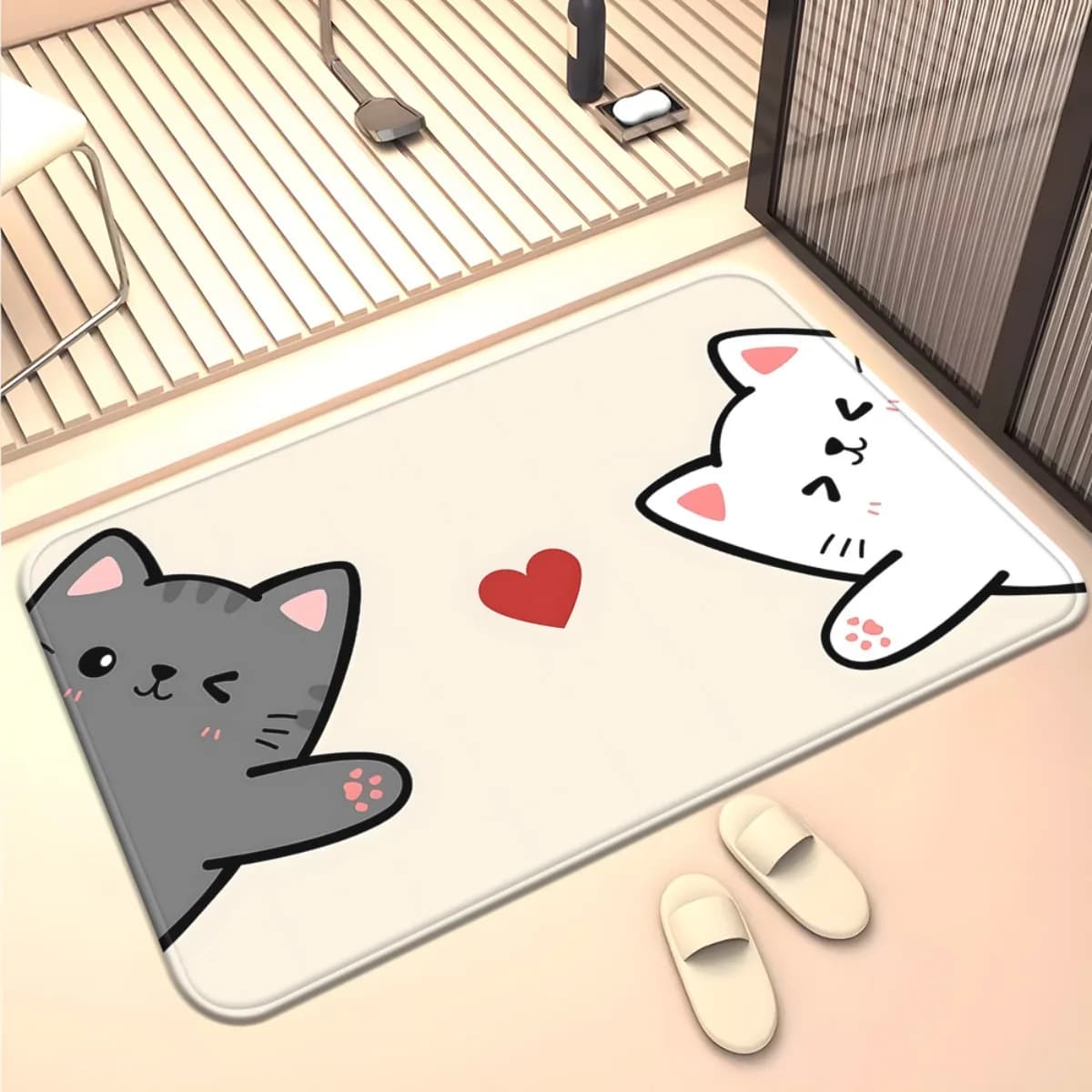 1pc Grazioso tappetino con due gatti e cuore, tappeto in microfibra assorbente antiscivolo per camera da letto, soggiorno, ingresso, esterno
