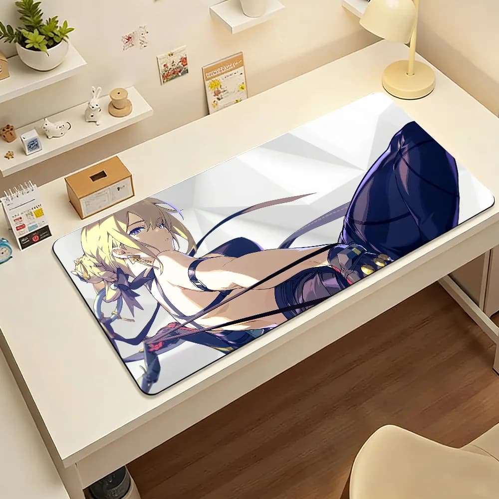 Anime Mouse Pad Gamer XXL Keyboard Mat Blonde Bun Girl Dark Purple Dress White Polygon Base Anime Office Gaming Home Desk