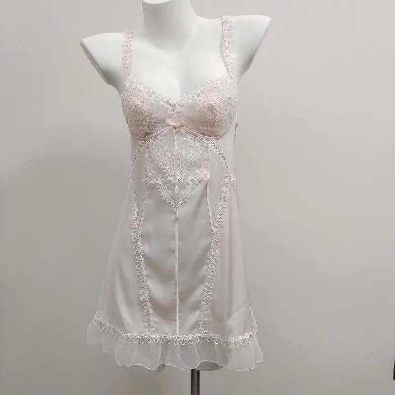 Camicie da Notte Francesi in Pizzo Ricamato, Lingerie Sexy, Pigiami da Donna, Abbigliamento da Notte in Seta Ghiaccio con Imbottitura sul Petto, Camicia da Notte per Signore