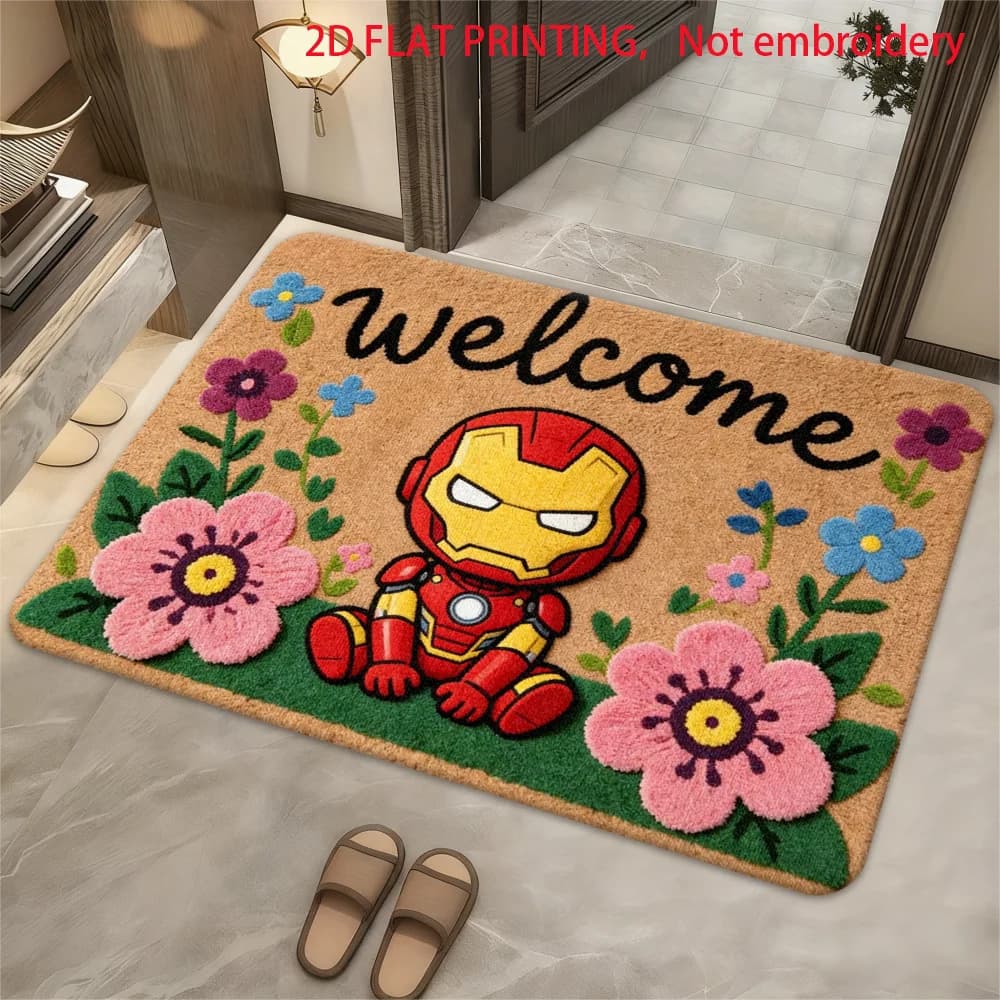 1 tappeto in poliestere con stampa piatta 2D Marvel, tappetino di benvenuto in morbida flanella Iron Man, tappetino ultra accogliente per camera da letto e soggiorno