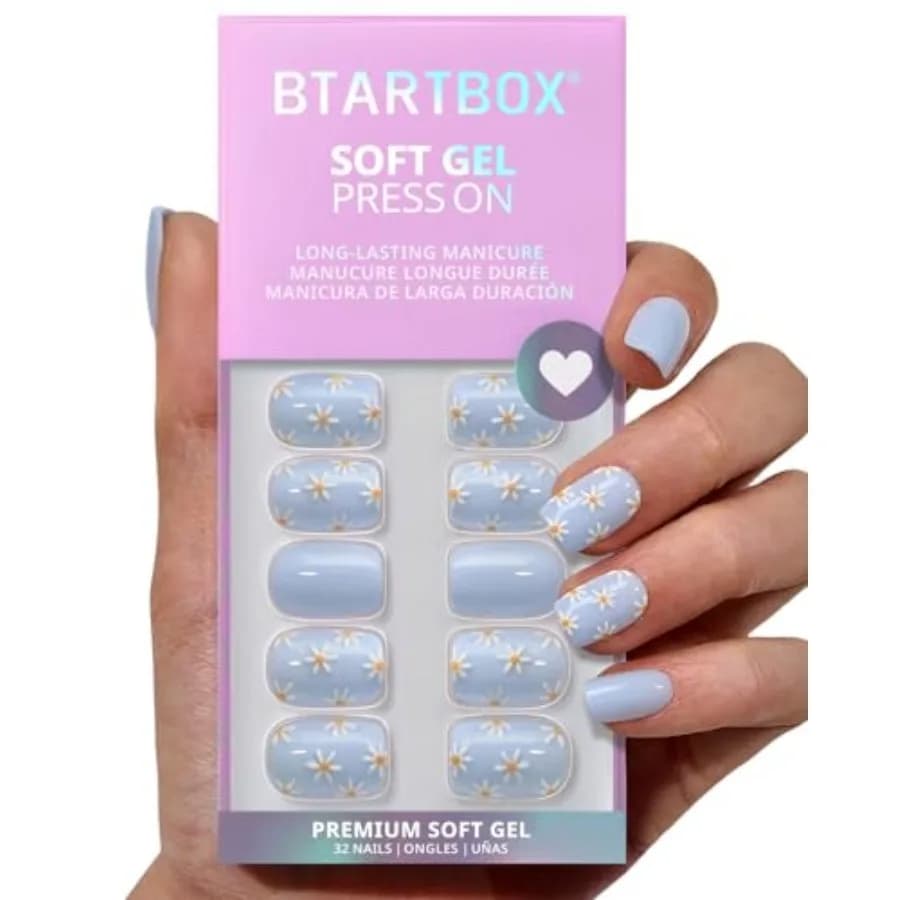 Press On Nails Short - Porch Sky, Easy-to-Apply 3D Flower Pastel Square Press On Nails with Glue and Adhesive Tabs in 6 Sizes -