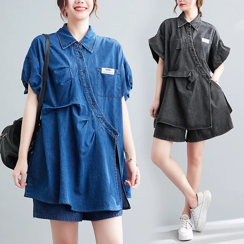 Set due pezzi in denim estivo Colletto rovesciato Camicette divise dal design chic Pantaloncini jeans in vita elastica Abito casual ampio femminile