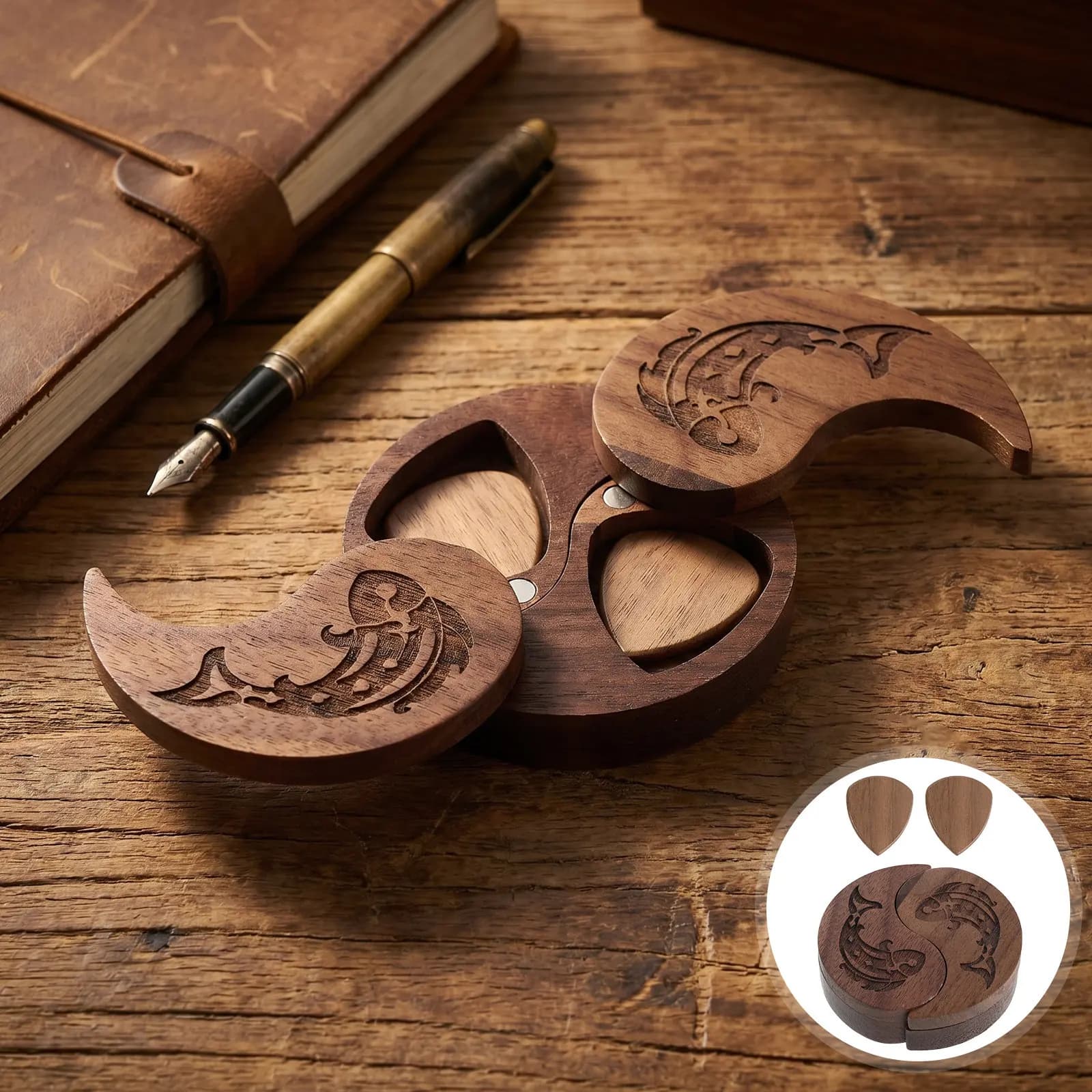 Wooden Guitar Pick Holder Engraved Pattern Portable Storage Box Organizer Case Guitar Player Plectrum Organizer Gifts