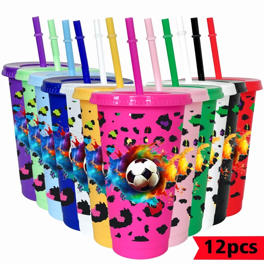 Pack of 12 colored plastic 26oz glasses with football theme sketches pattern, ideal for birthday parties/return to school, drinks and coffee.