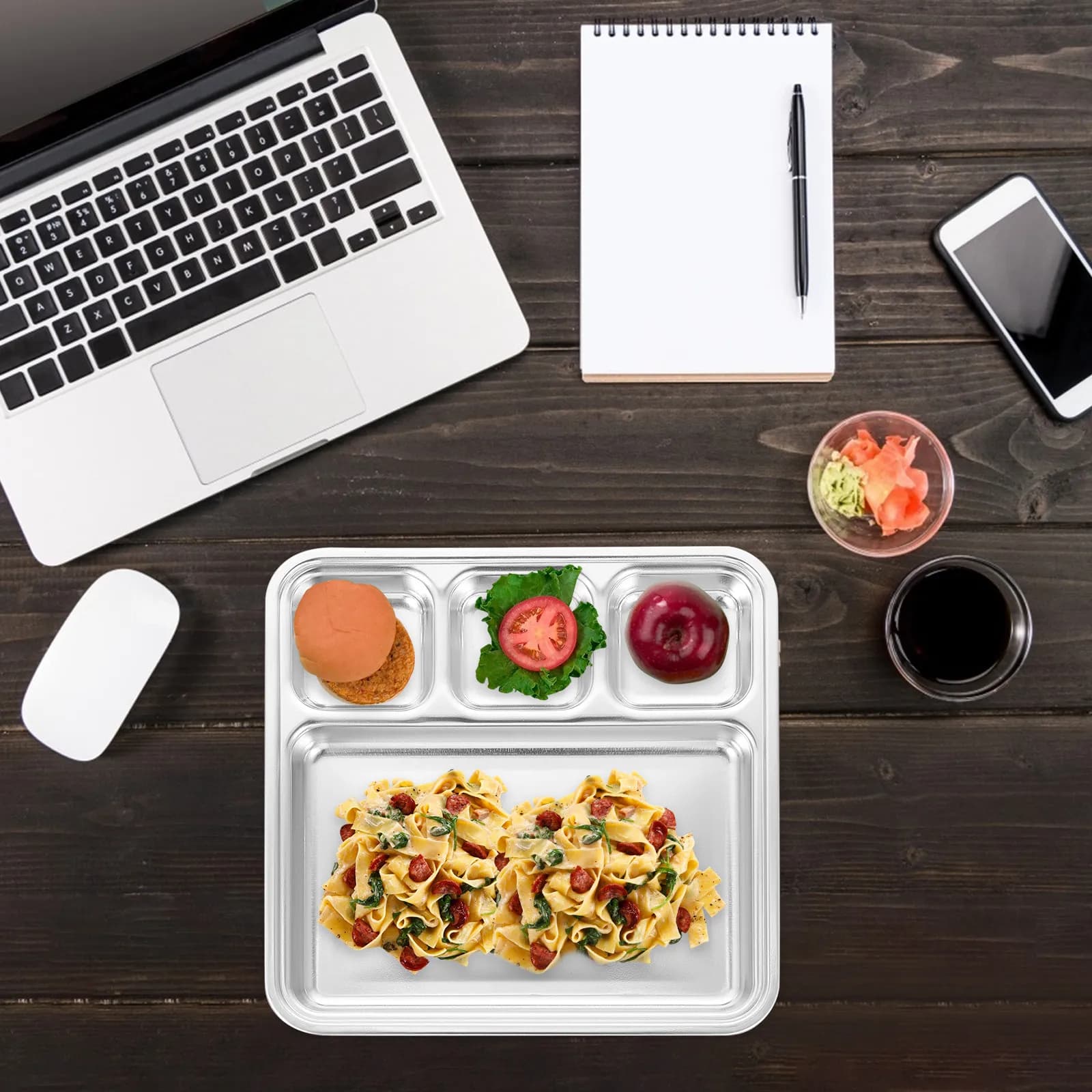 Piatto Diviso in Acciaio Inossidabile con Design Multi-Scomparto per il Controllo del Consumo, Colazione, Pranzo, Barbecue, Servizio di Frutta Secca