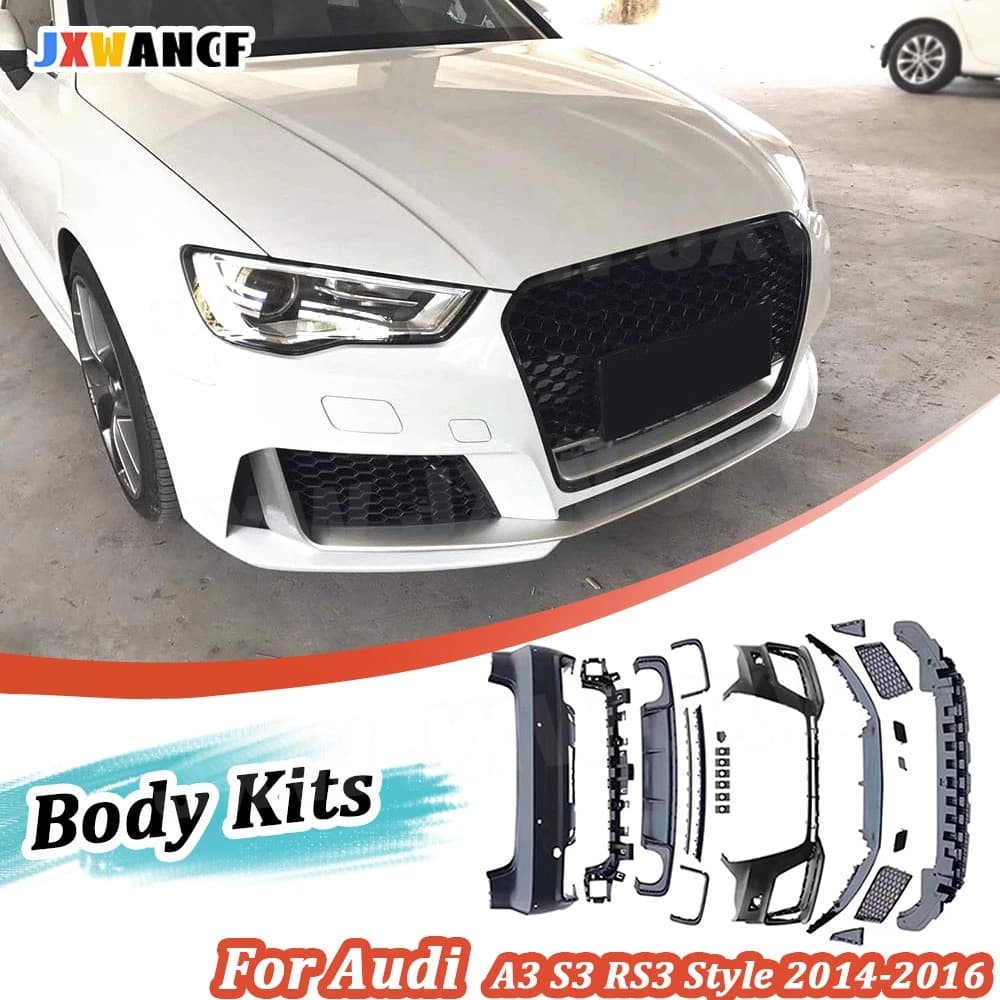 JXWANCF Material PP Wide Body Kit Front Back Bumper Hugger Rear Diffuser Spoiler for Audi A3 S3 RS3 Style 2014- 2016