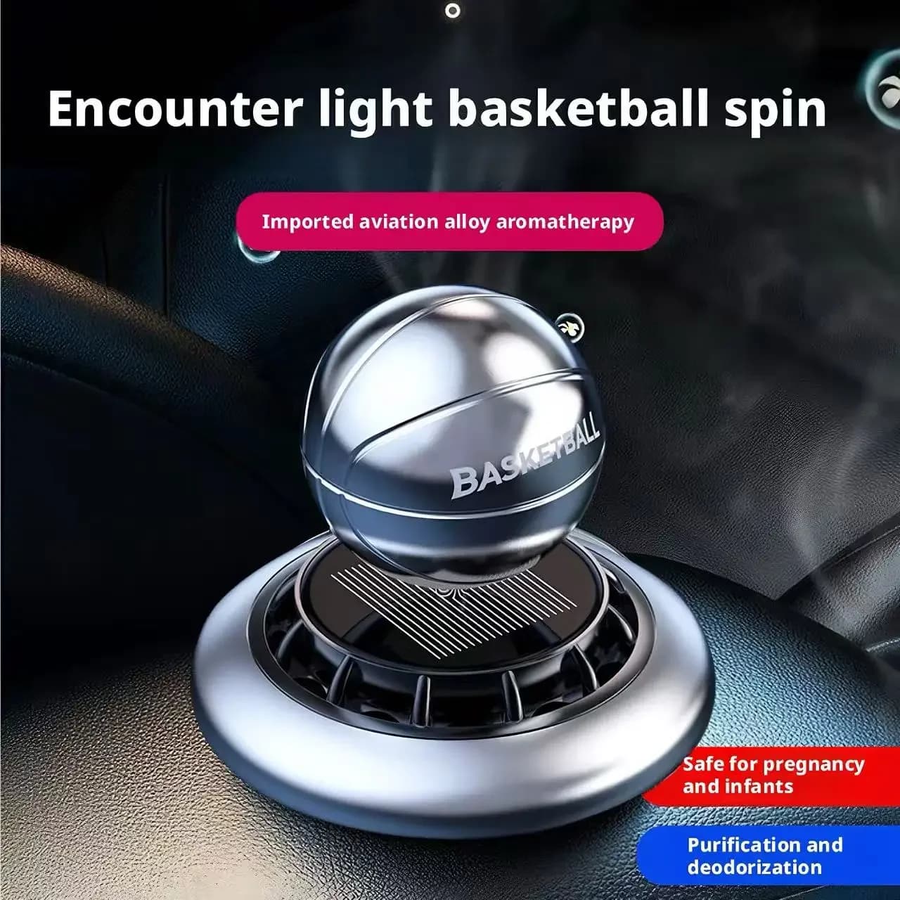 New Solar Energy Auto Scenter - High Range Basketball Shape Rotating Design for Central Console, Aromatherapy for Auto Without Chemical Products
