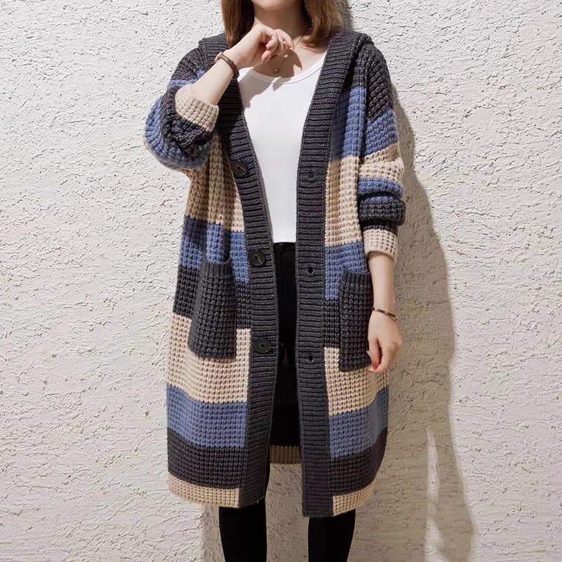 Loose Thick Wool Medium and Long Hooded Thick Needle Knitted Cardigan 2026 Autumn Women's Sweater Jacket